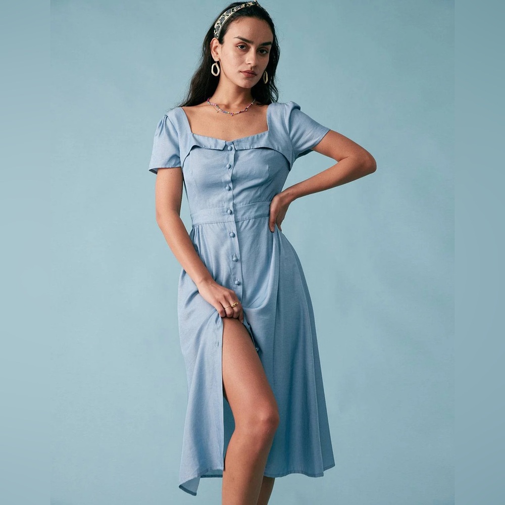 “Short Sleeve Plain Elegant Midi Dress”